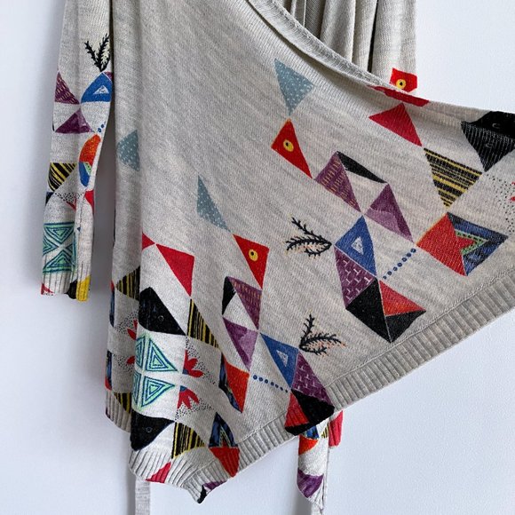 Desigual Asymmetric Open Knit Long Cardigan Colorful Geometric Belt Sweater Sz M - Picture 5 of 12